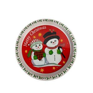 Vintage Metal Christmas Tray Snowman Design Holiday Decor 13" Round Red & White